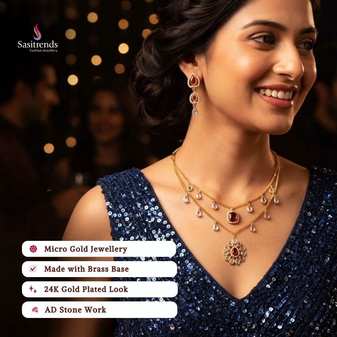 Guaranteed Micro gold plated AD stone necklace set customer review image - Sasitrends