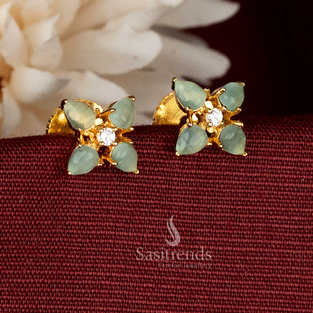 Sasitrends micro gold plated floral stud earrings with teardrop motif petal design and central white mint AD stone