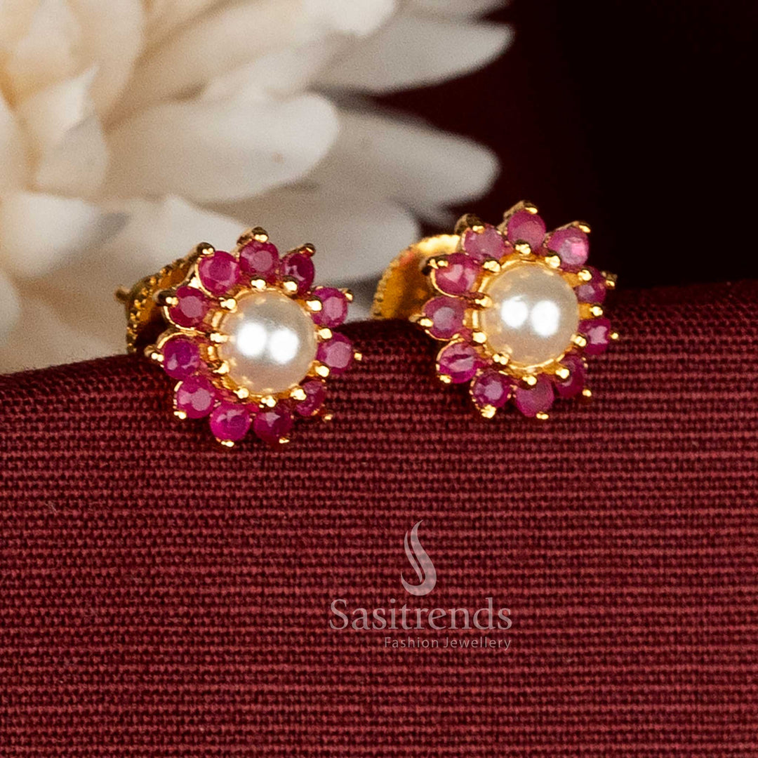 Floral pearl stud earrings with micro gold plated finish for South Indian cultural occasions