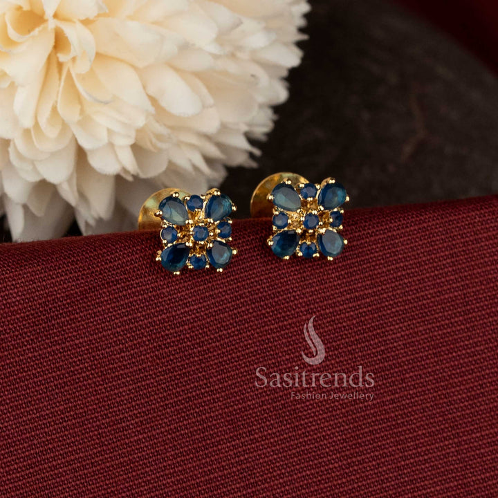  AD teardrop floral pearl blue micro gold plated studs for South Indian ceremonial dressing