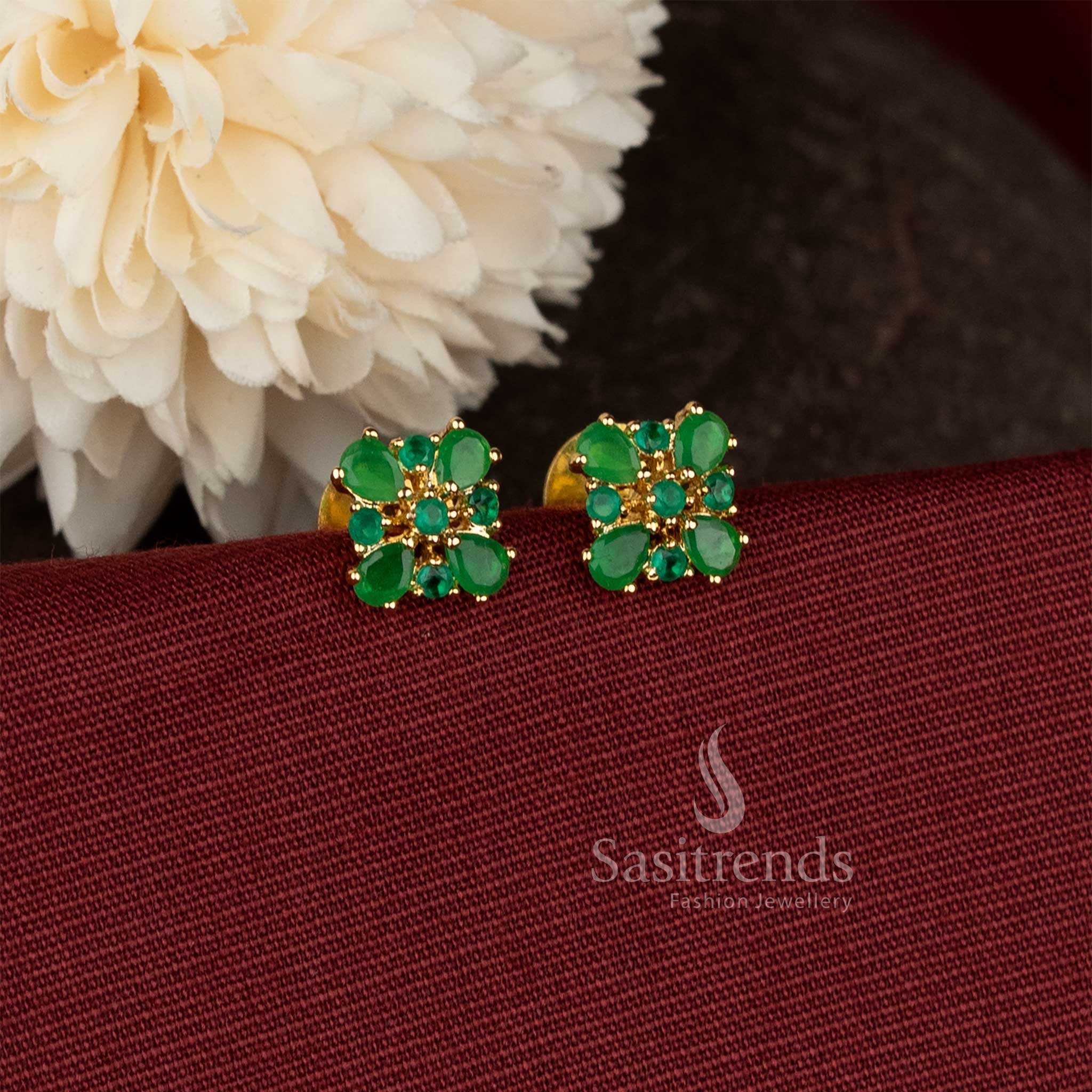  AD teardrop floral green micro gold plated studs for South Indian ceremonial dressing 