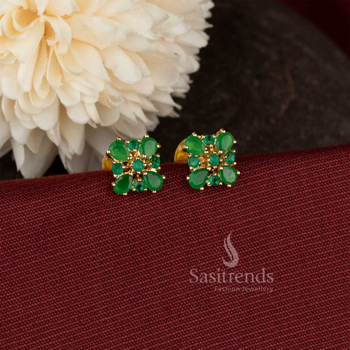  AD teardrop floral green micro gold plated studs for South Indian ceremonial dressing 