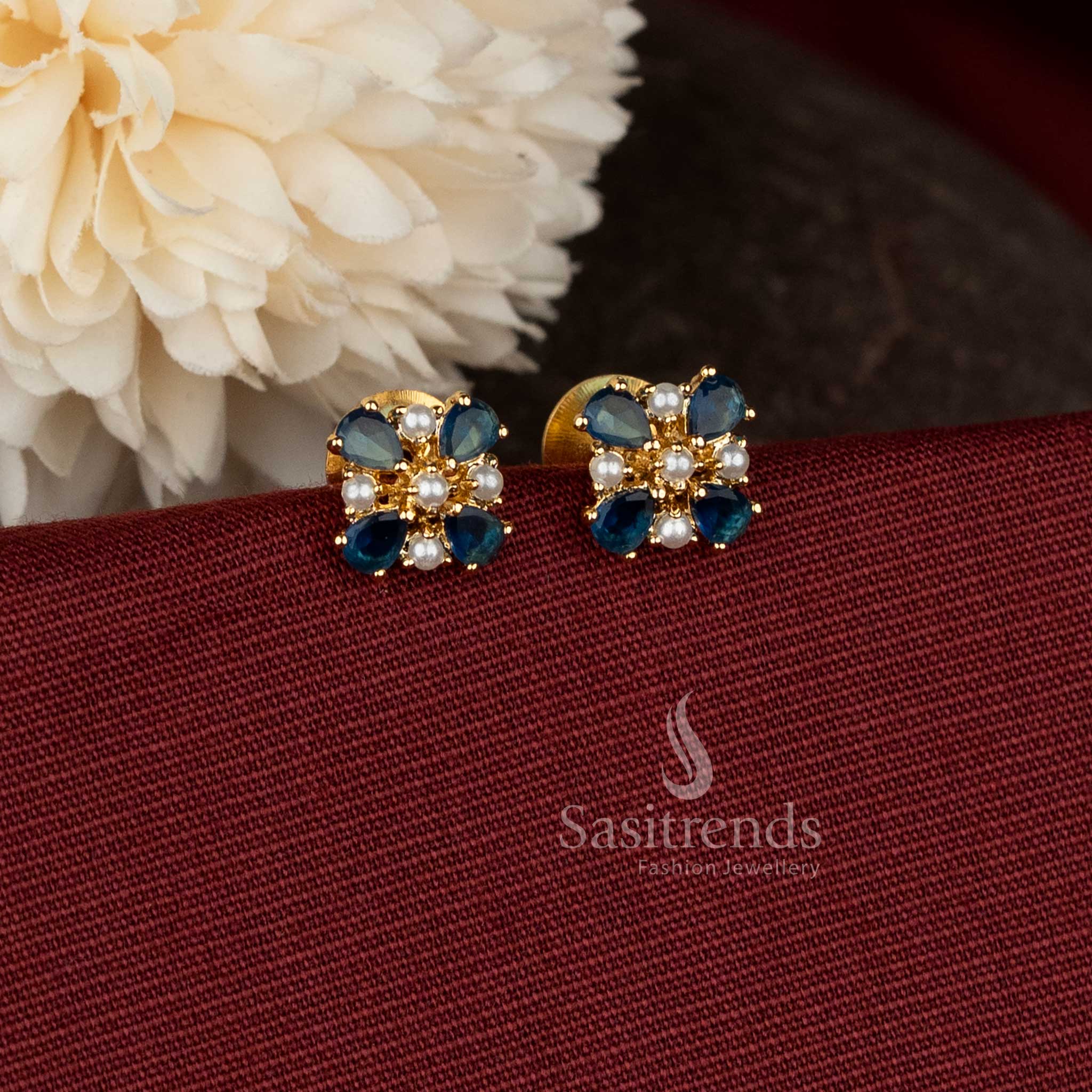  AD teardrop floral pearl blue  micro gold plated studs for South Indian ceremonial dressing
