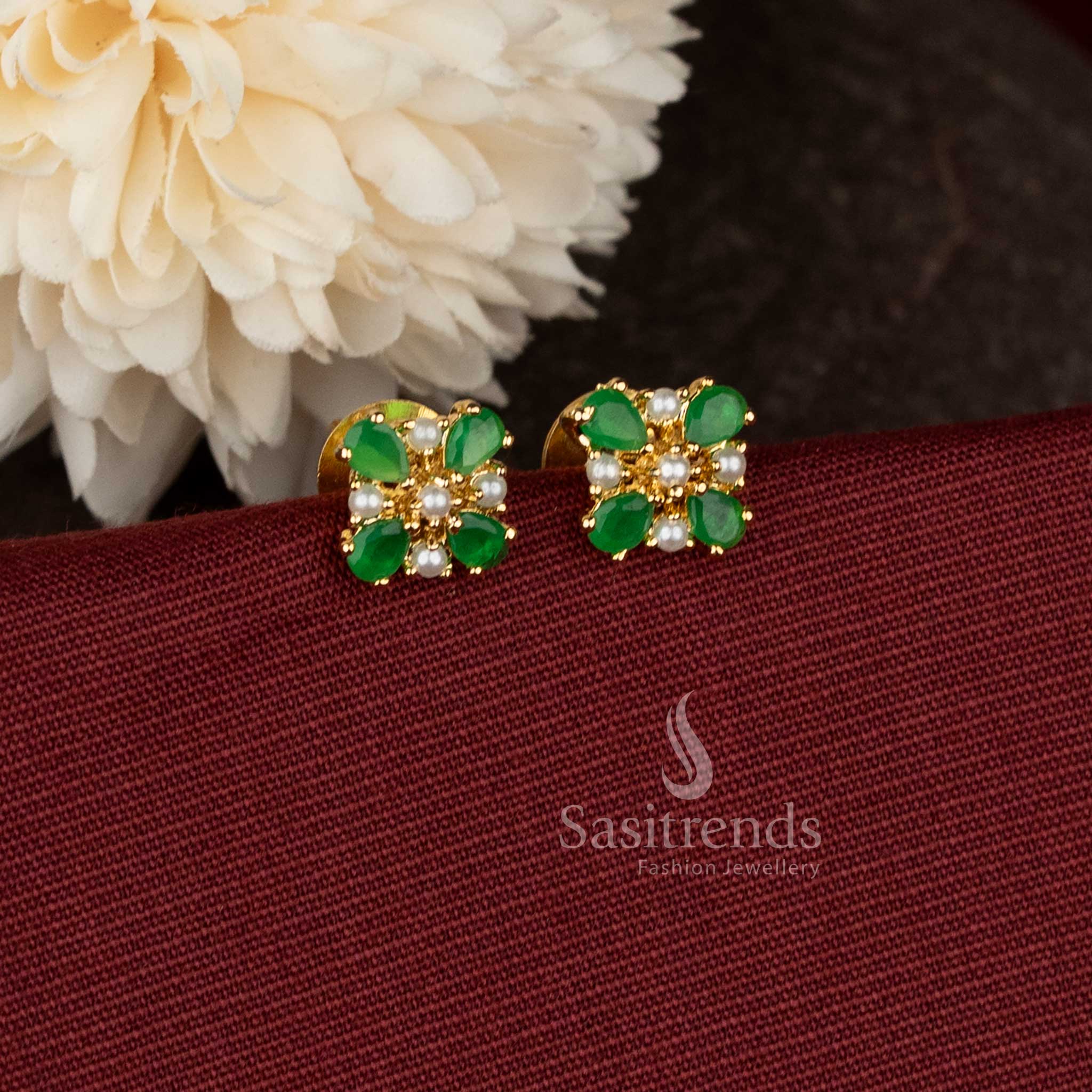  AD teardrop floral pearl green micro gold plated studs for South Indian ceremonial dressing