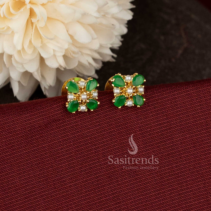  AD teardrop floral pearl green micro gold plated studs for South Indian ceremonial dressing