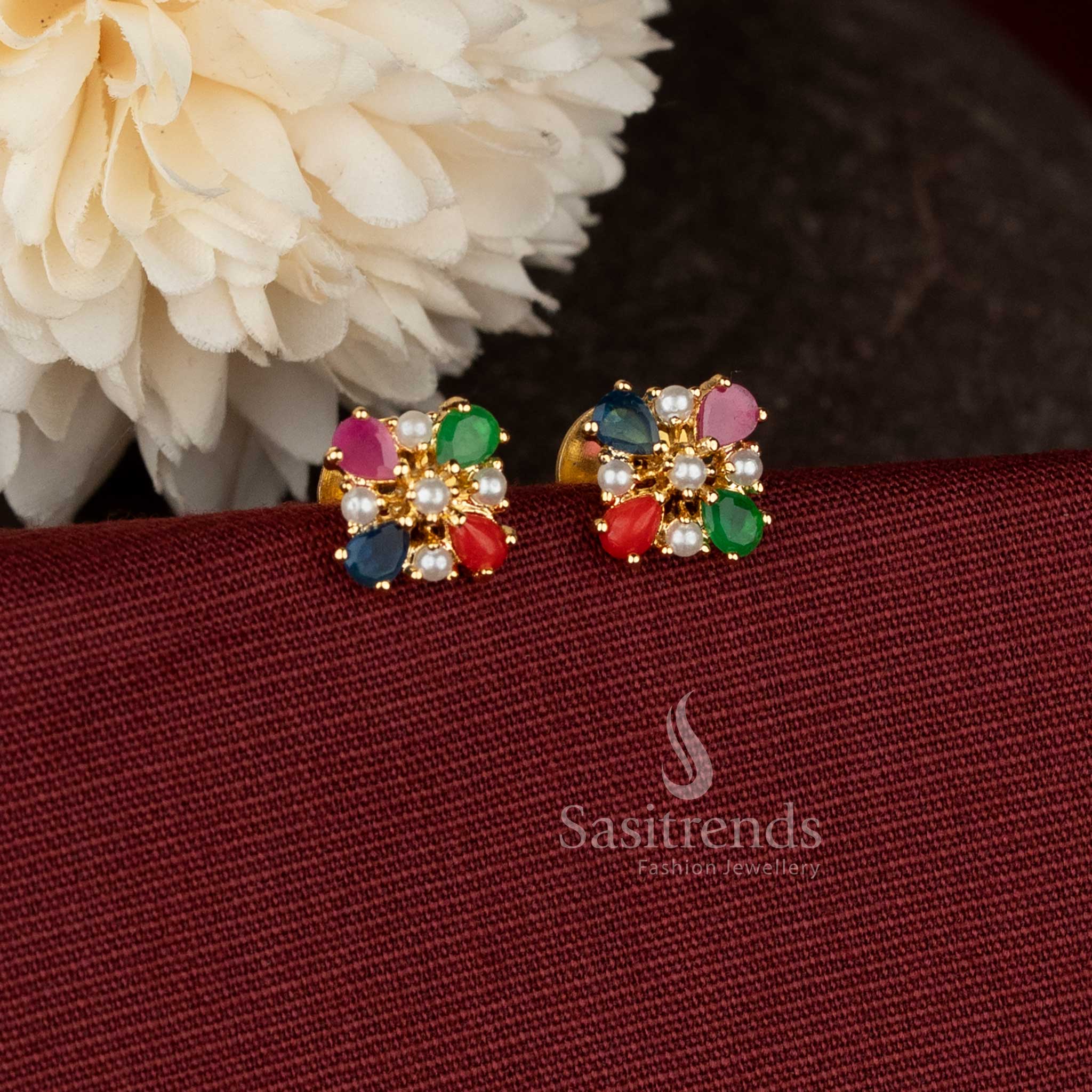  AD teardrop floral pearl navarathna micro gold plated studs for South Indian ceremonial dressing