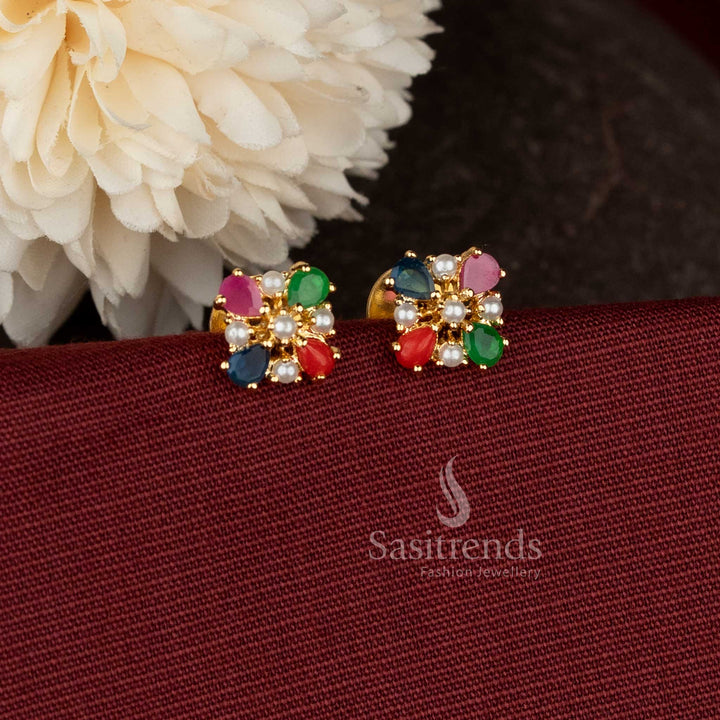  AD teardrop floral pearl navarathna micro gold plated studs for South Indian ceremonial dressing