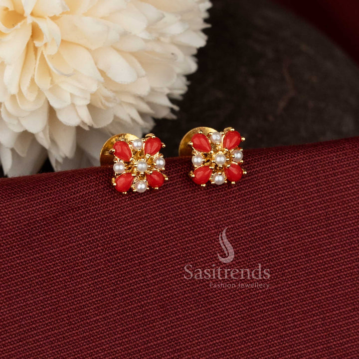  AD teardrop floral pearl pavalam micro gold plated studs for South Indian ceremonial dressing