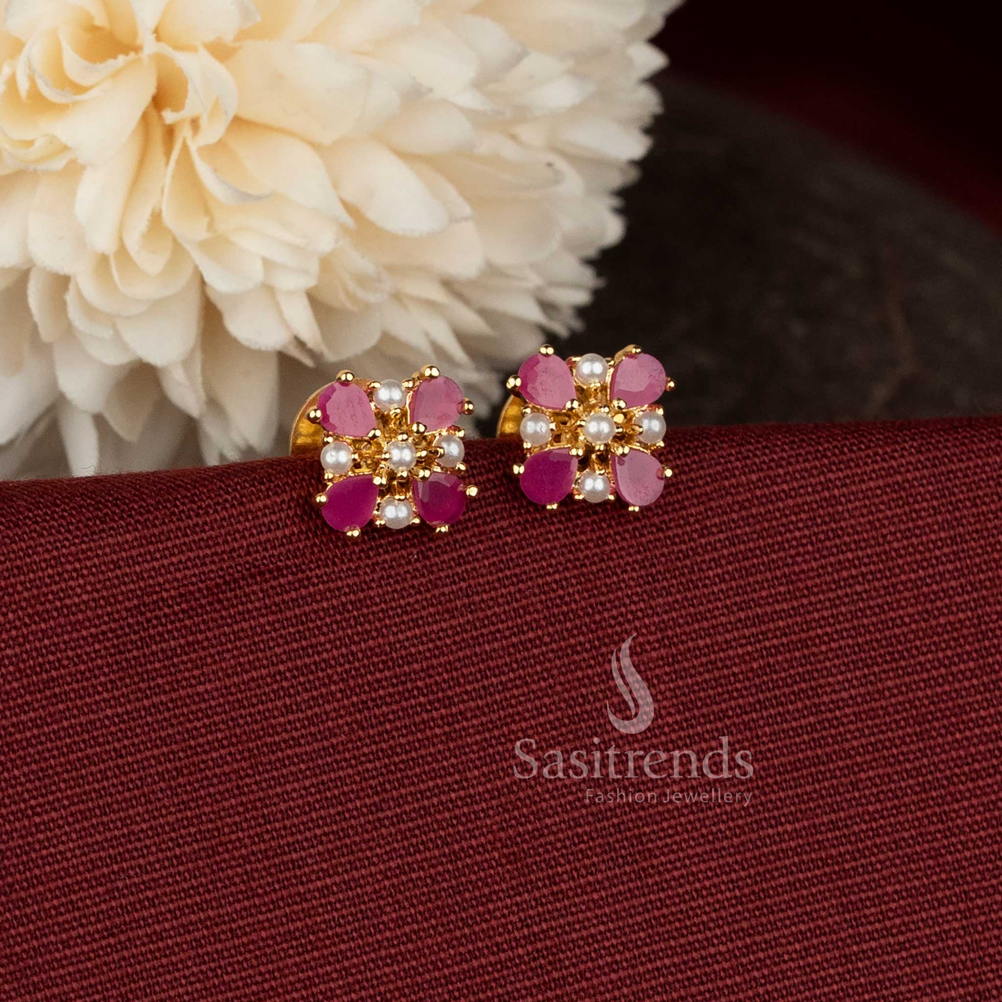  AD teardrop floral pearl ruby micro gold plated studs for South Indian ceremonial dressing