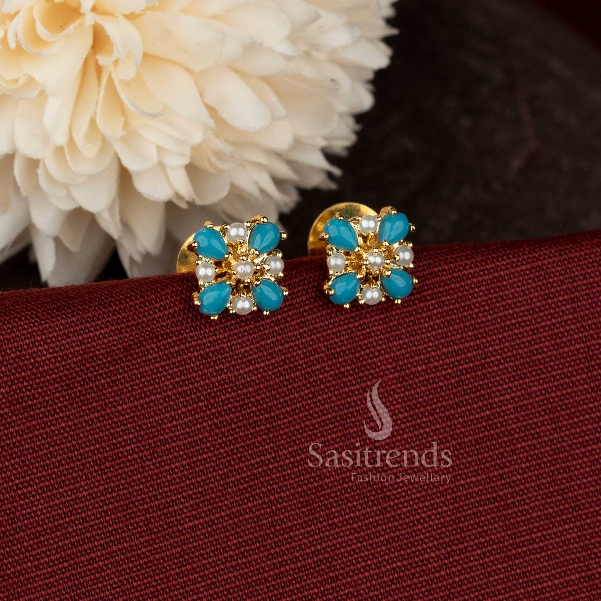  AD teardrop floral pearl skyblue micro gold plated studs for South Indian ceremonial dressing