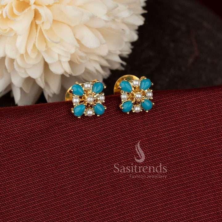  AD teardrop floral pearl skyblue micro gold plated studs for South Indian ceremonial dressing
