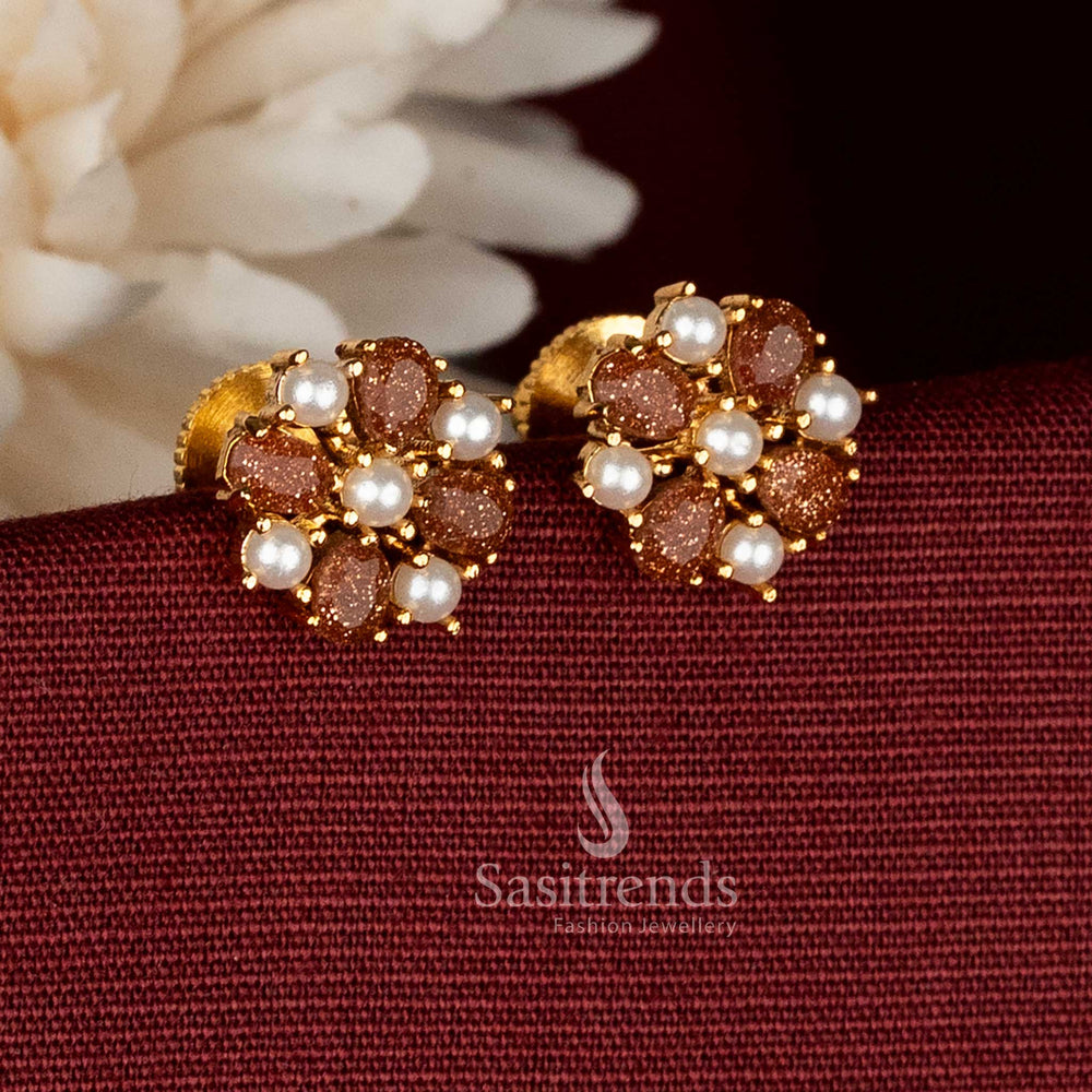  AD teardrop floral pearl micro gold plated studs for South Indian ceremonial dressing
