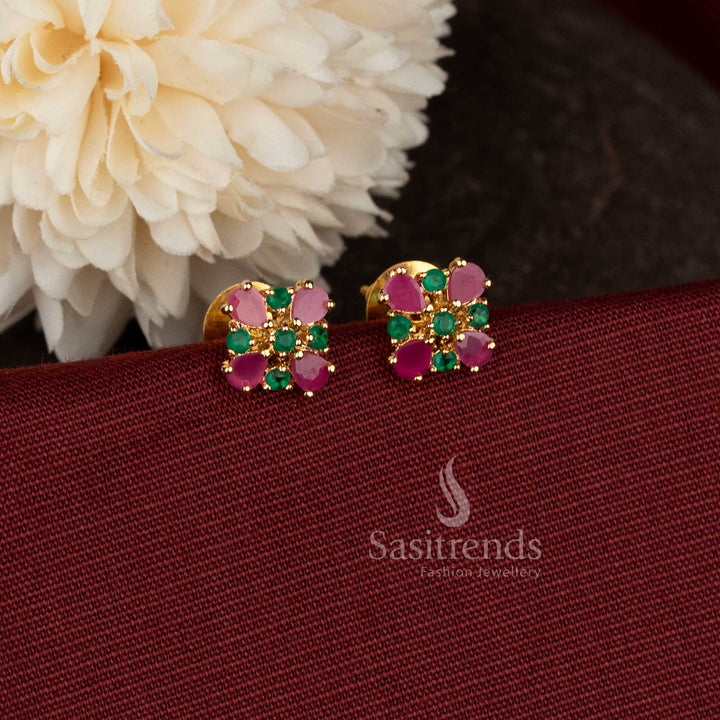  AD teardrop floral ruby green micro gold plated studs for South Indian ceremonial dressing