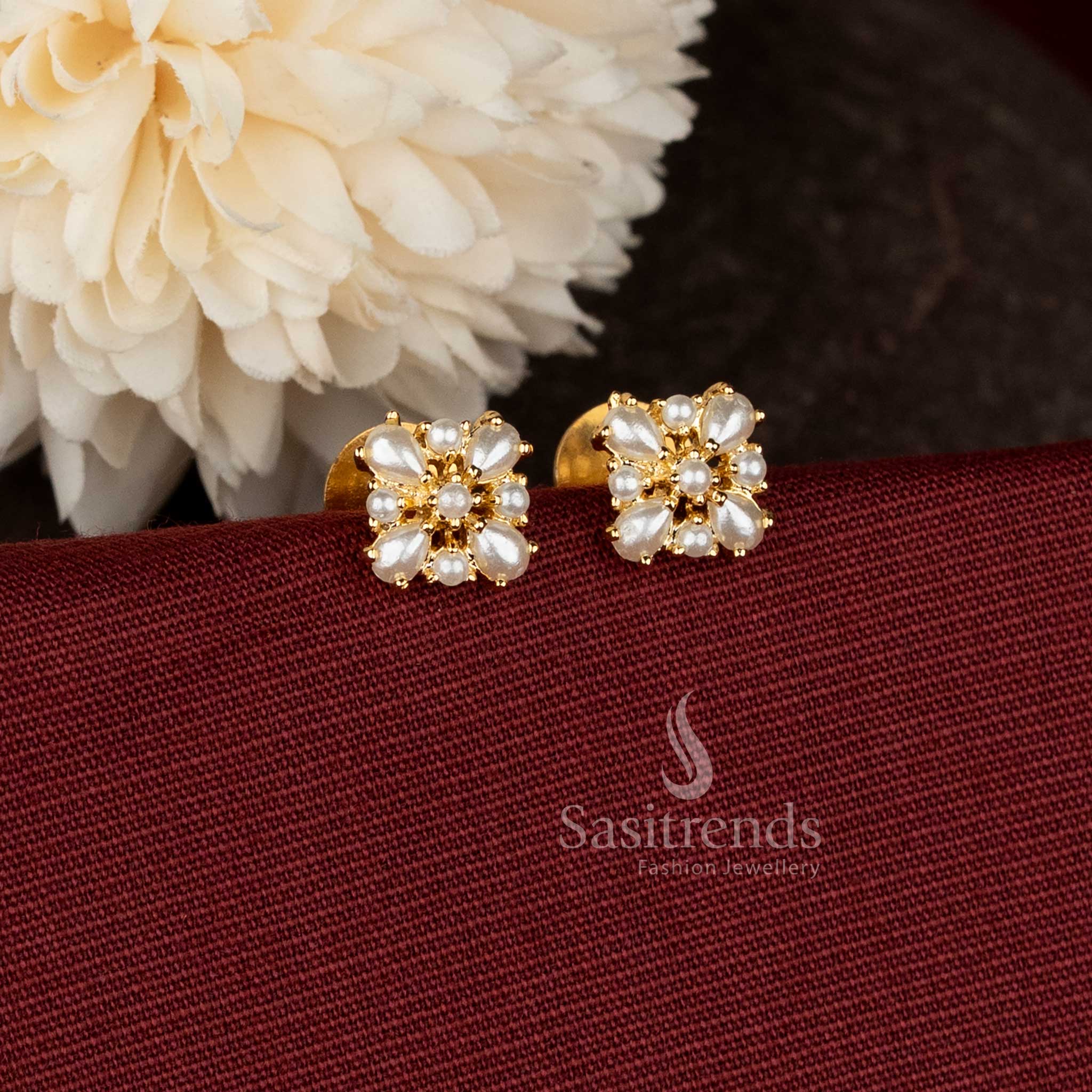  AD teardrop floral pearl micro gold plated studs for South Indian ceremonial dressing