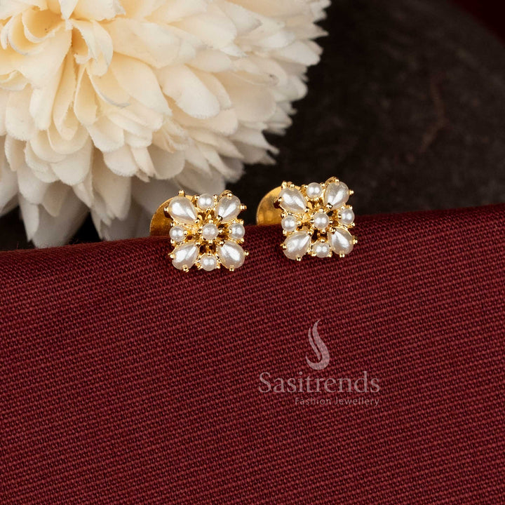  AD teardrop floral pearl micro gold plated studs for South Indian ceremonial dressing