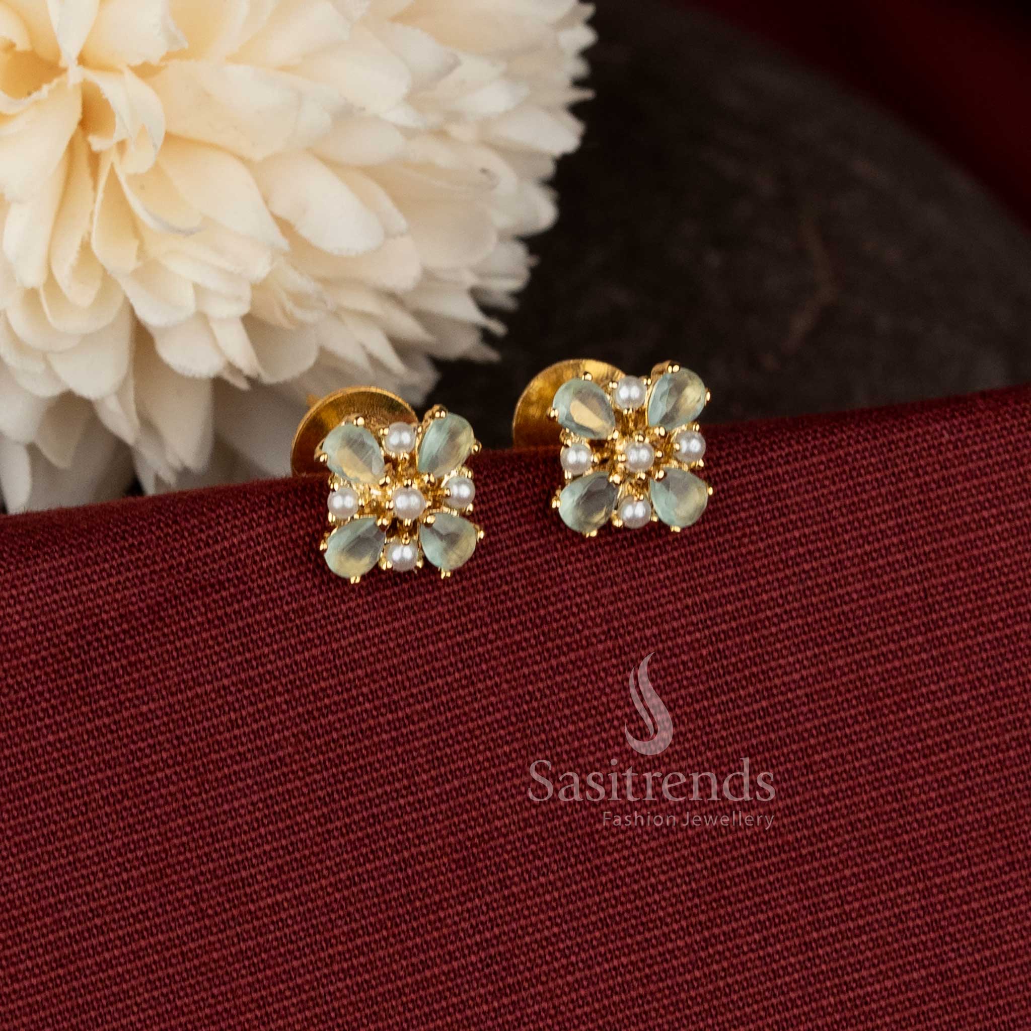  AD teardrop floral pearl mint micro gold plated studs for South Indian ceremonial dressing