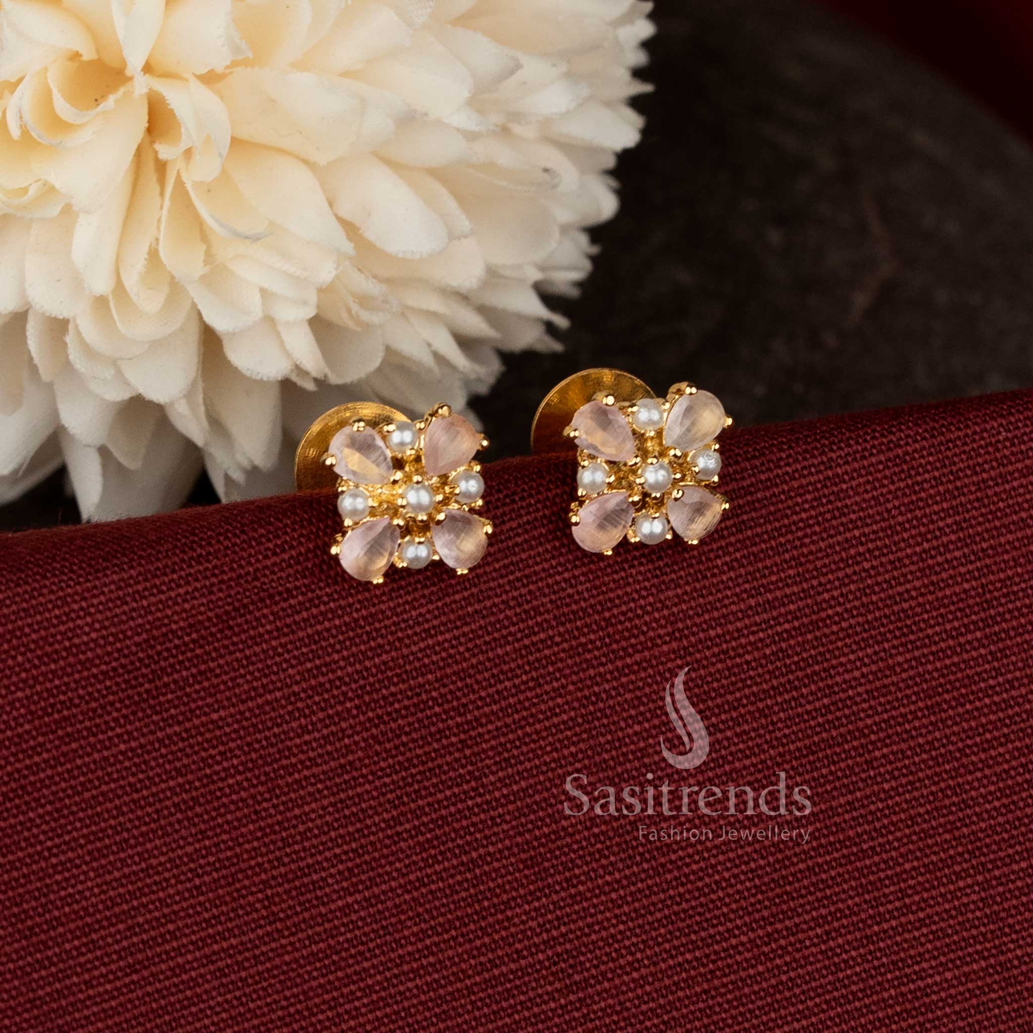  AD teardrop floral pearl pink micro gold plated studs for South Indian ceremonial dressing