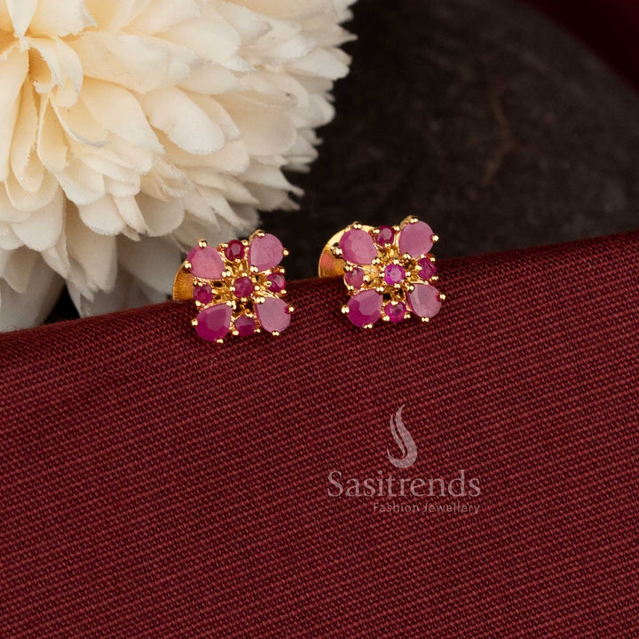  AD teardrop floral ruby micro gold plated studs for South Indian ceremonial dressing