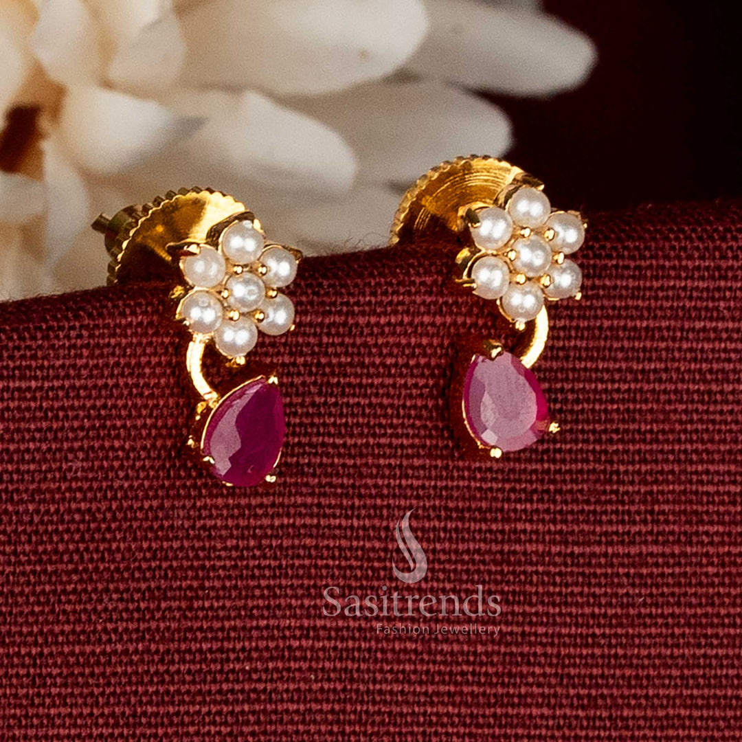 Sasitrends micro gold plated Pearl Ruby AD Stone floral pearl stud earrings with curved stem and teardrop drop design