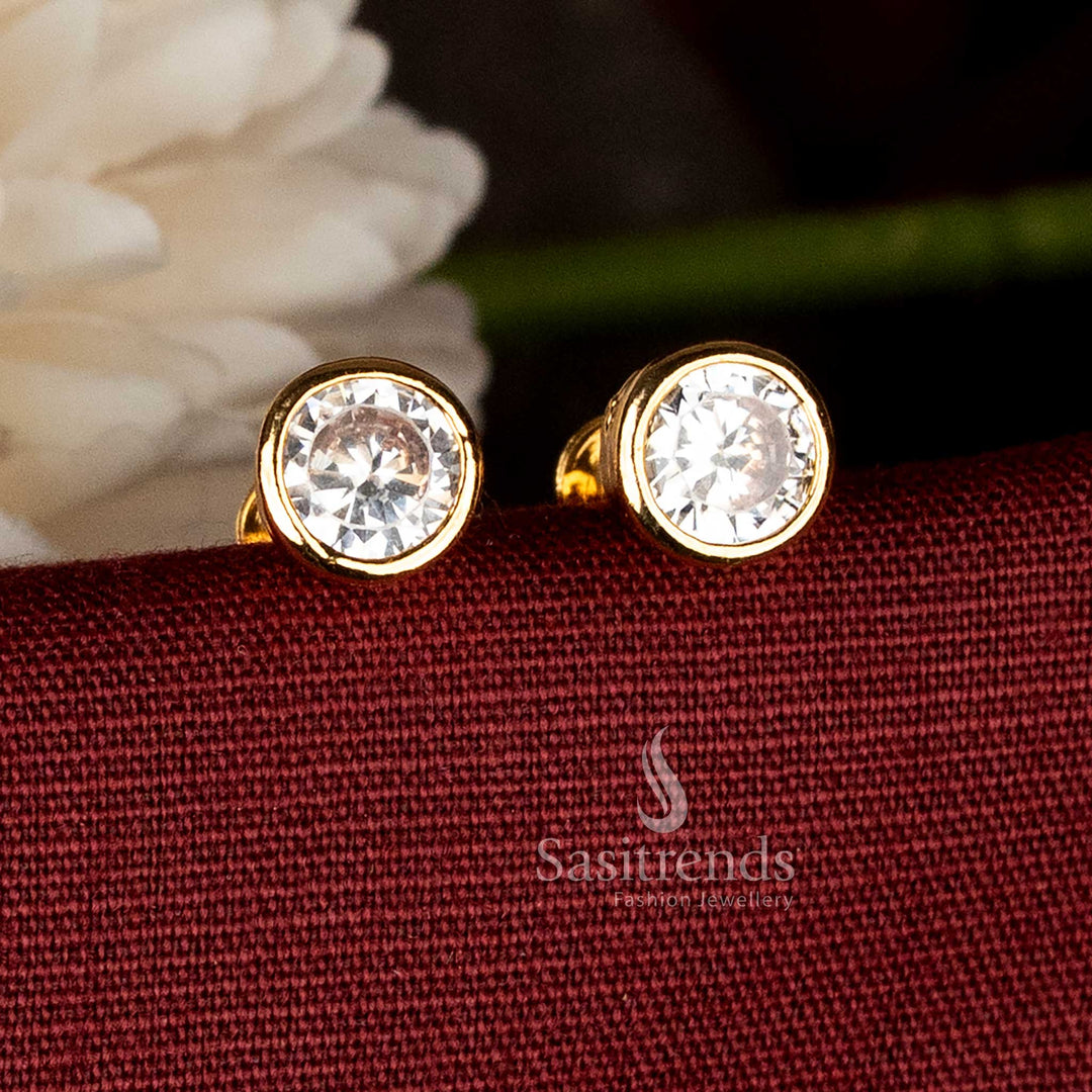 Sasitrends micro gold plated round white AD stone bezel stud earrings with smooth polished rim