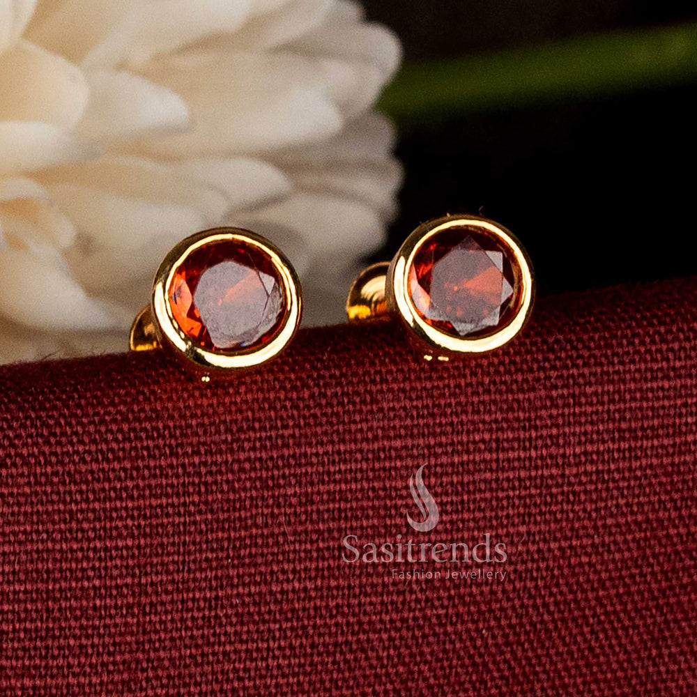 Sasitrends classic round stud earrings featuring center-set micro gold plated red AD stone and bezel design