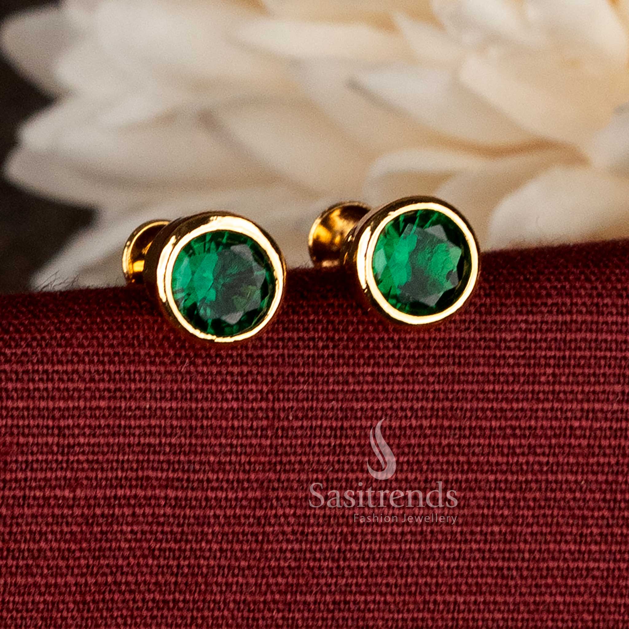 Sasitrends micro gold plated green round AD stone bezel stud earrings with smooth polished rim