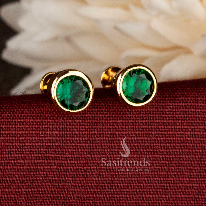 Sasitrends micro gold plated green round AD stone bezel stud earrings with smooth polished rim