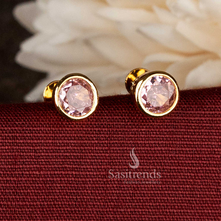 Micro Gold Plated Classic Round pink AD Stone Bezel Stud Earrings with Smooth Polished Rim Design 