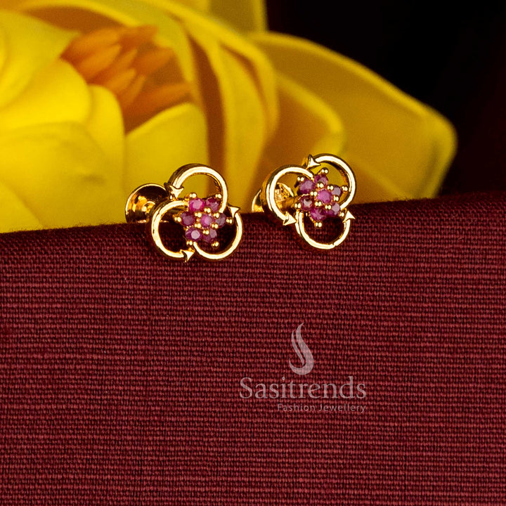 Sasitrends one gram 24K micro gold plated interlocked loop stud earrings with floral ruby AD stone design