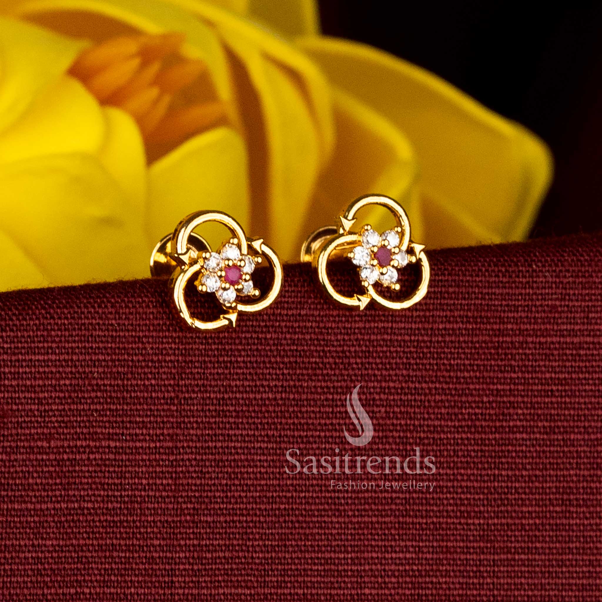 Sasitrends premium imitation one gram jewellery stud earrings with circular loop and white ruby AD stones