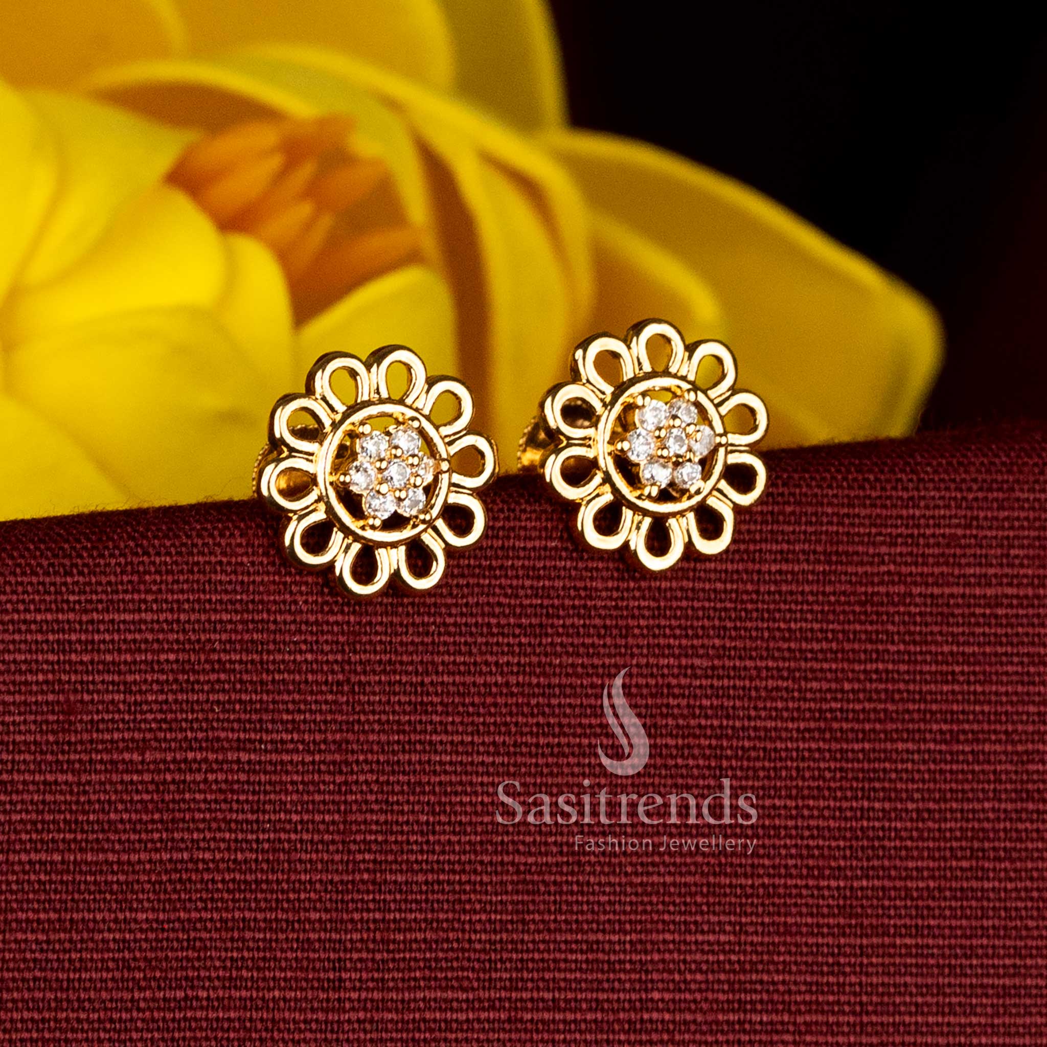 Sasitrends premium imitation one gram micro gold plated floral stud earrings with circular white AD stones