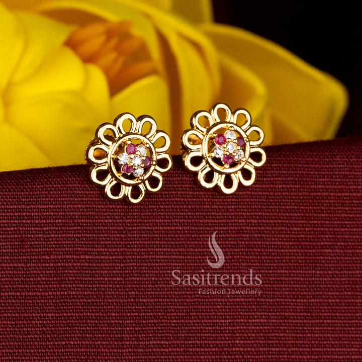 Sasitrends real gold look one gram micro gold plated floral frame white ruby AD stone stud earrings for daily wear