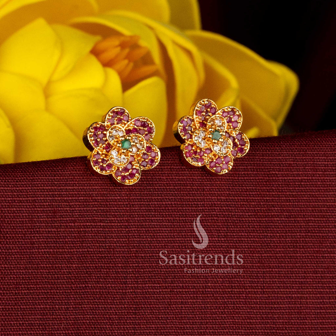 Sasitrends guaranteed one gram micro gold plated layered floral multi AD stone stud earrings