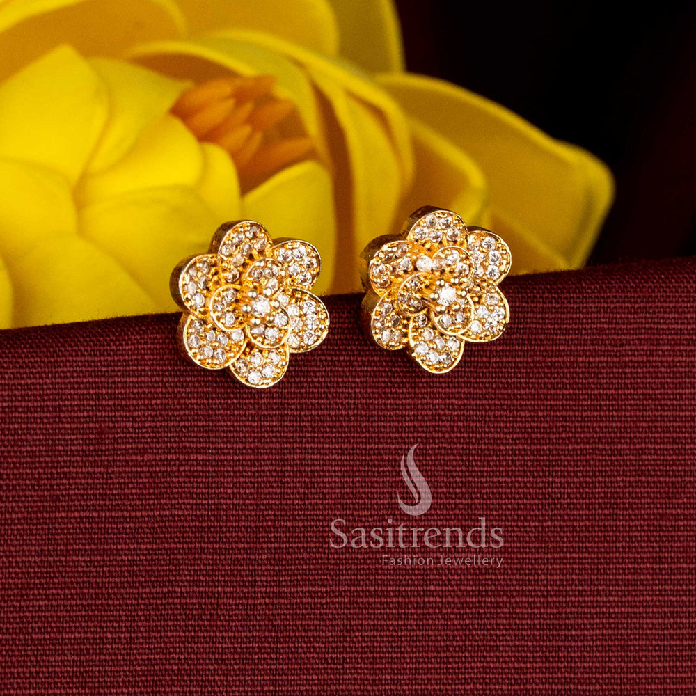 Sasitrends premium imitation one gram micro gold plated white ad stone layered floral stud earrings for daily wear