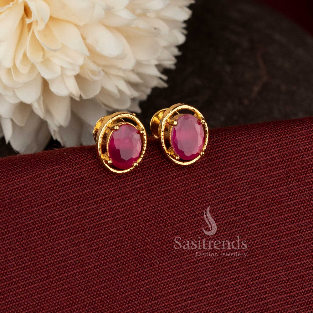 Sasitrends oval Ruby stone stud earrings elegant minimal daily wear design   