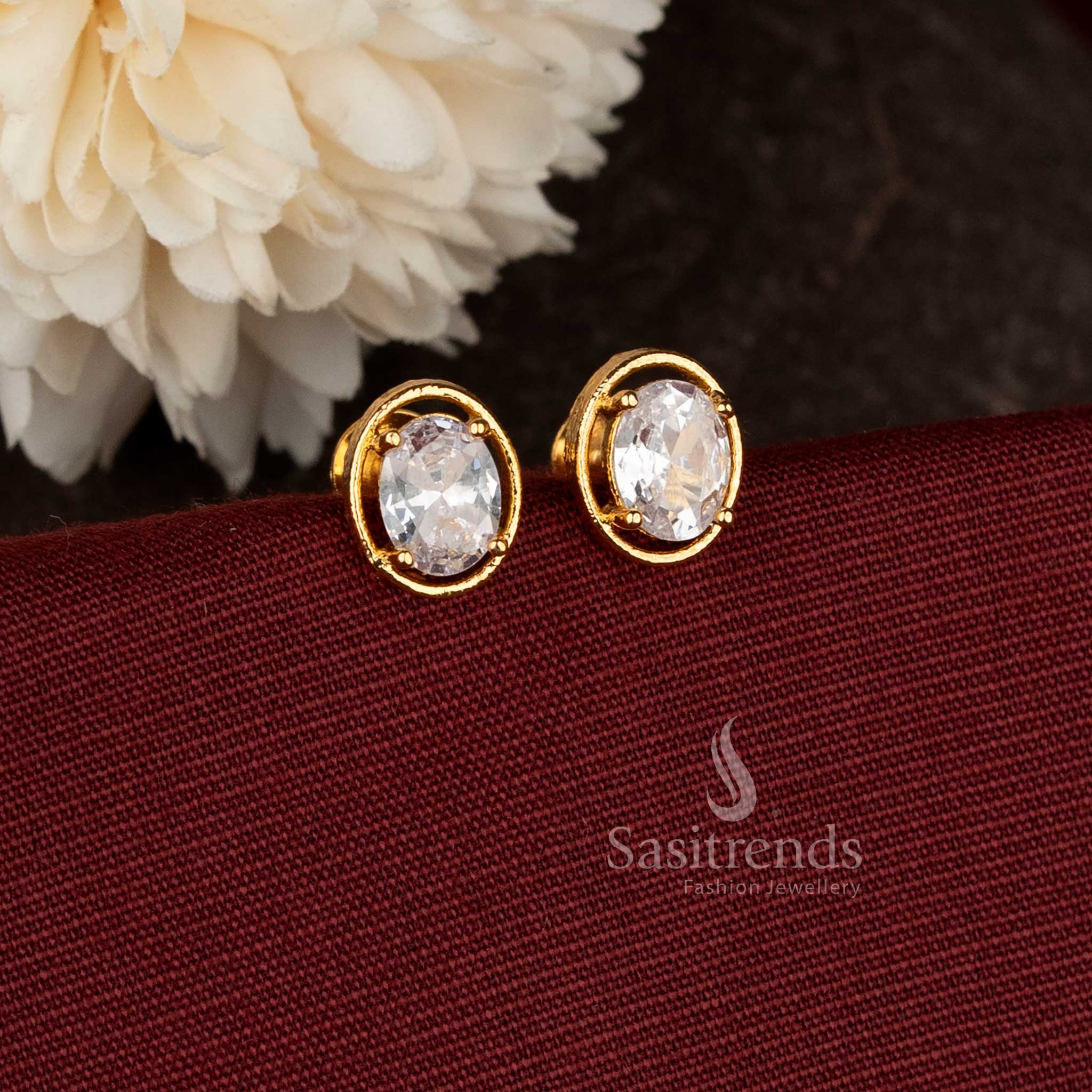 Sasitrends oval White stone stud earrings elegant minimal daily wear design   