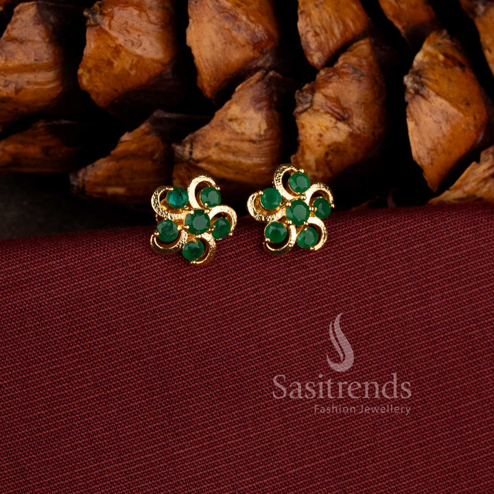 Stylish micro gold plated floral stud earrings with sparkling white AD stones