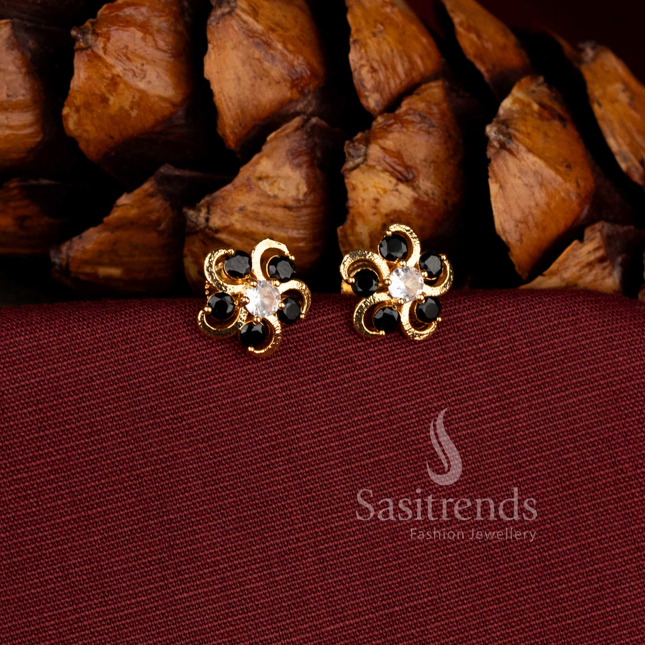 Stylish micro gold plated floral stud earrings with sparkling white AD stones - Sasitrends