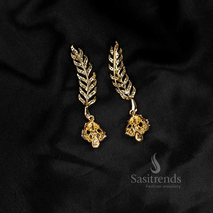 Party wear American diamond gangajamuna silver plated white linear leaf motif earcuff earrings - Sasitrends