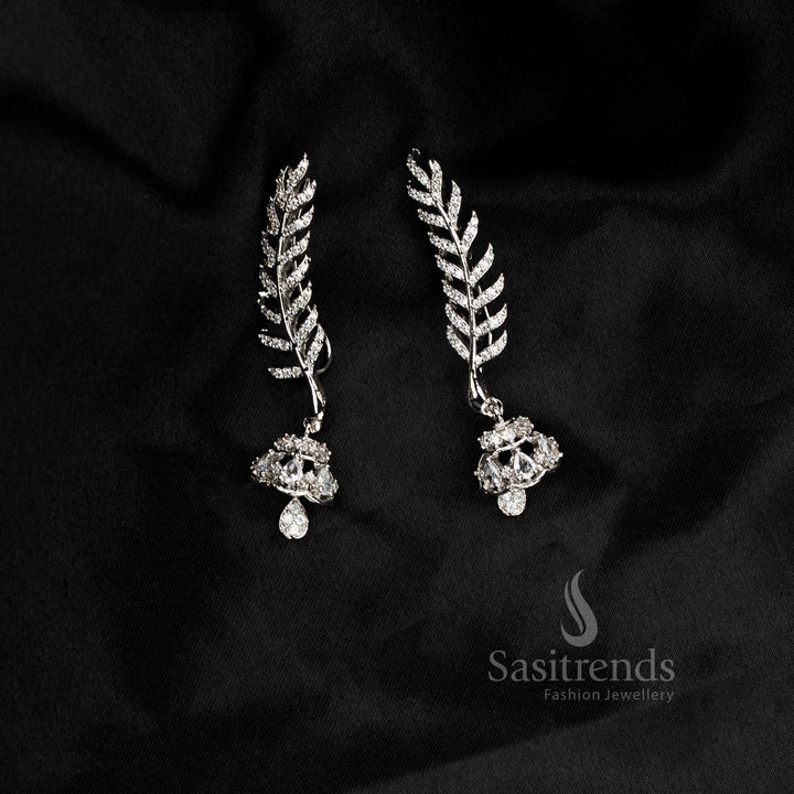 American diamond rhodium silver plated white leaf motif earcuff earrings - Sasitrends