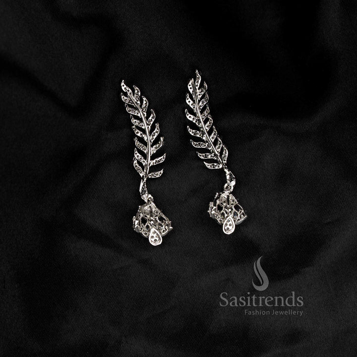 Party wear American diamond rhodium silver plated white linear leaf motif earcuff earrings - Sasitrends