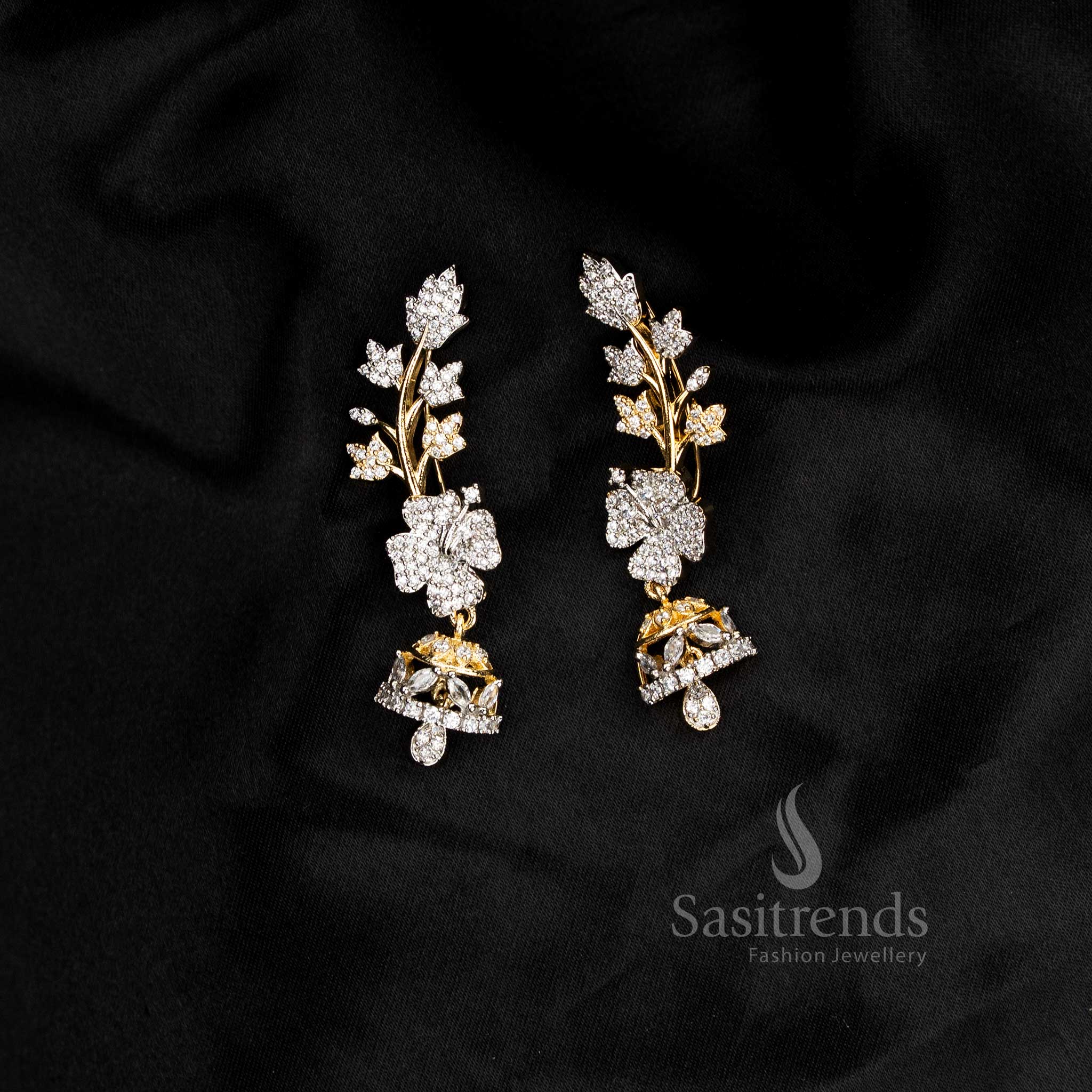 Party wear American diamond gangajamuna silver plated white floral motif earcuff earrings - Sasitrends