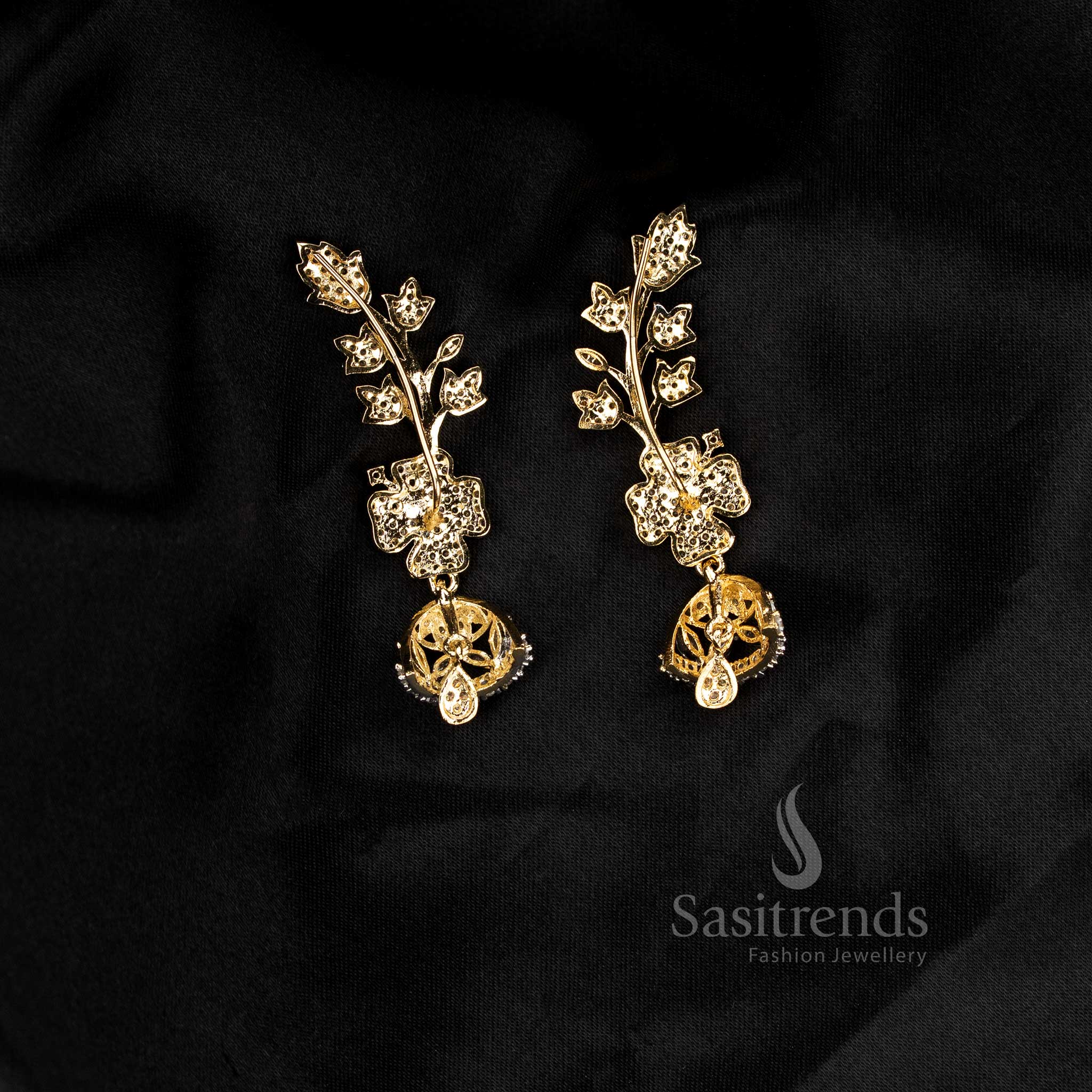 Party wear American diamond gangajamuna silver plated white linear leaf motif earcuff earrings - Sasitrends