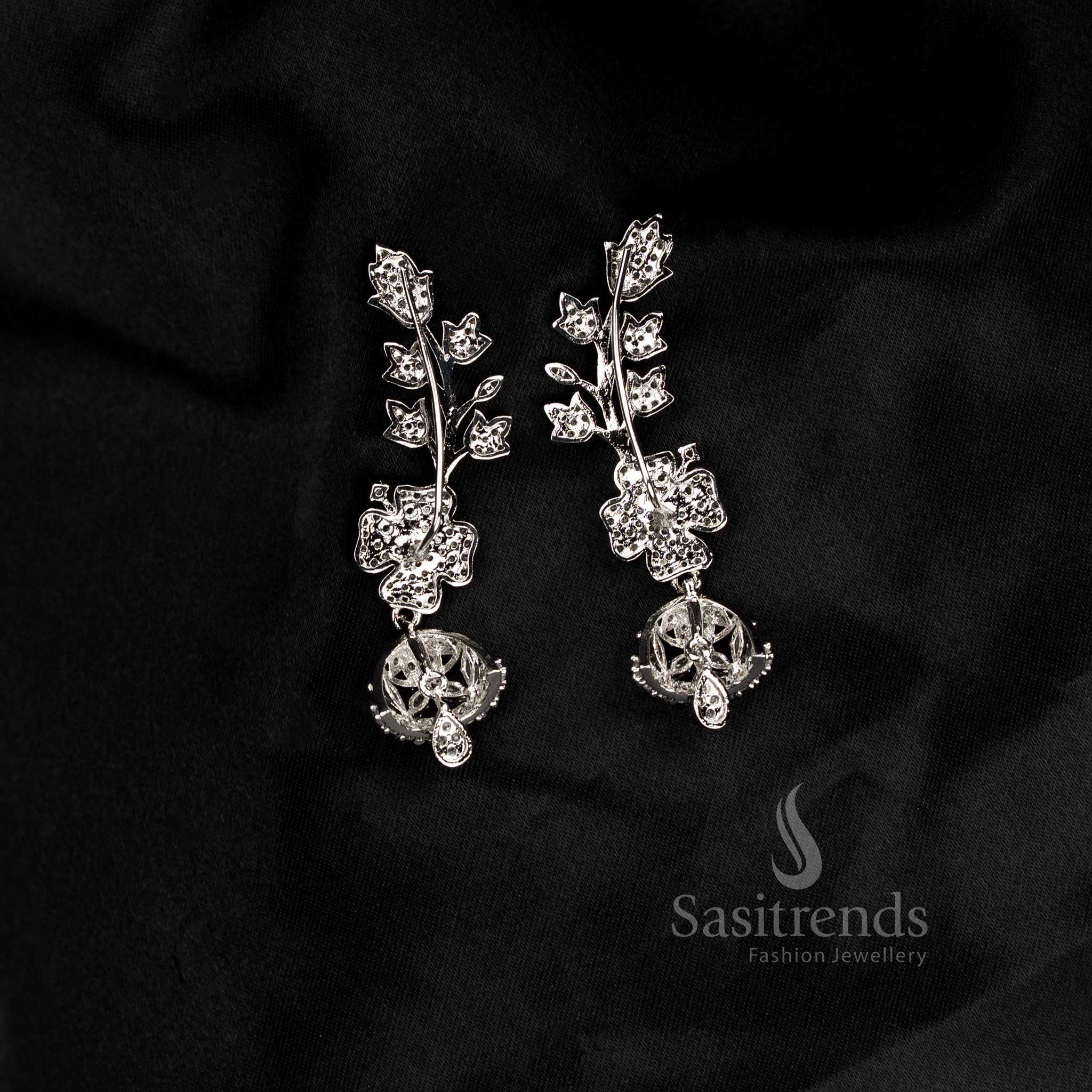Party wear American diamond rhodium silver plated white floral motif earcuff earrings - Sasitrends