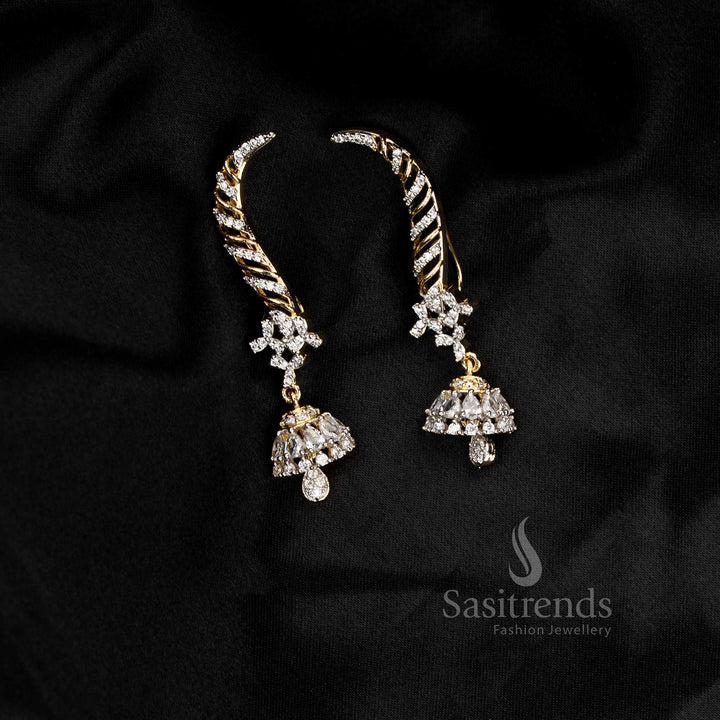 Party wear American diamond gangajamuna ganga jamuna plated white linear motif earcuff earrings - Sasitrends