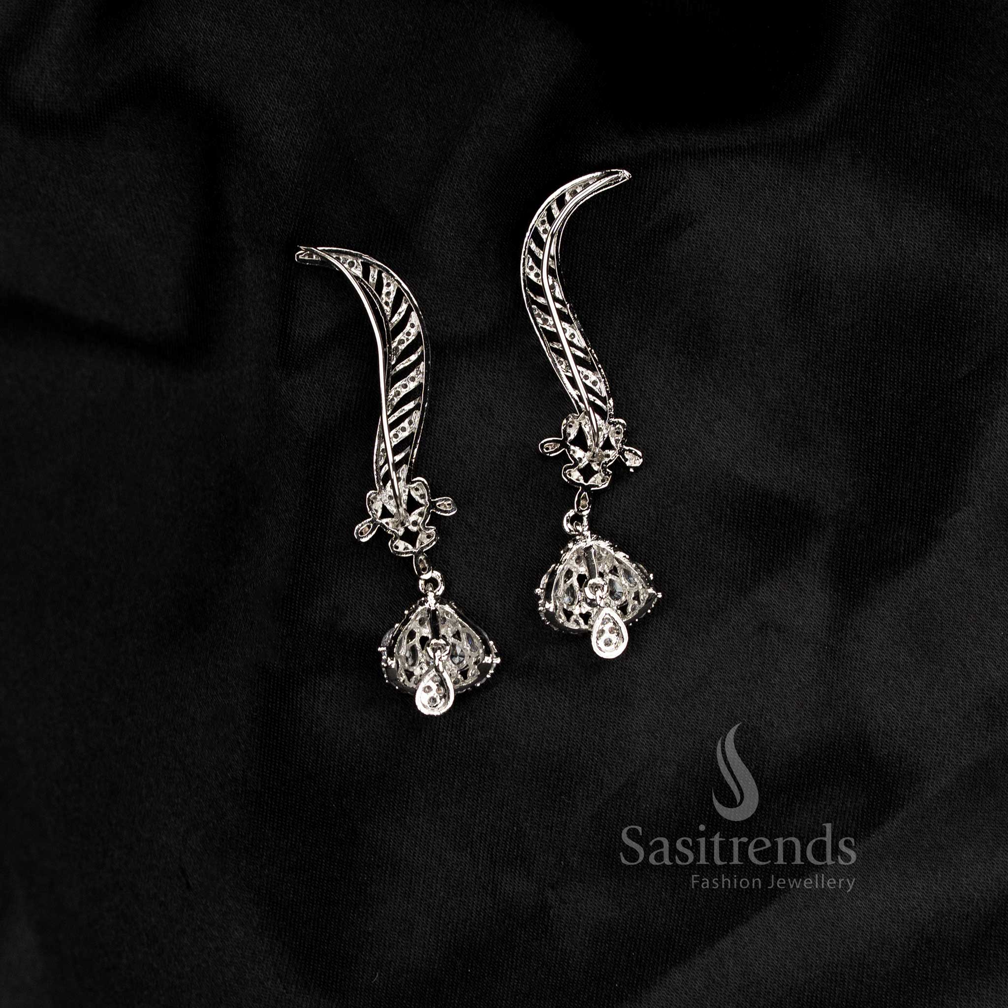 Party wear American diamond rhodium silver plated white linear motif earcuff earrings - Sasitrends