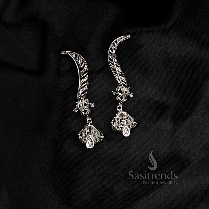 Party wear American diamond rhodium silver plated white linear motif earcuff earrings - Sasitrends