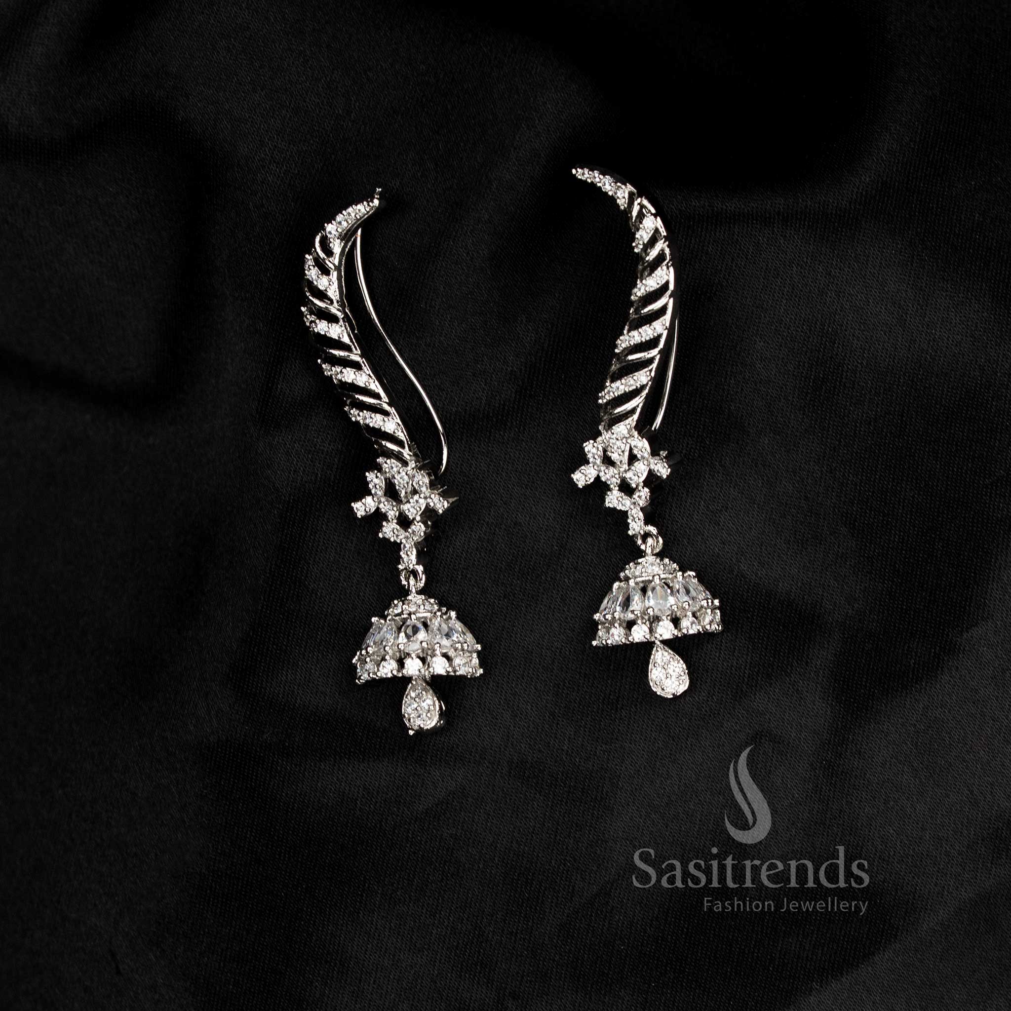 Party wear American diamond rhodium silver plated white linear motif earcuff earrings - Sasitrends