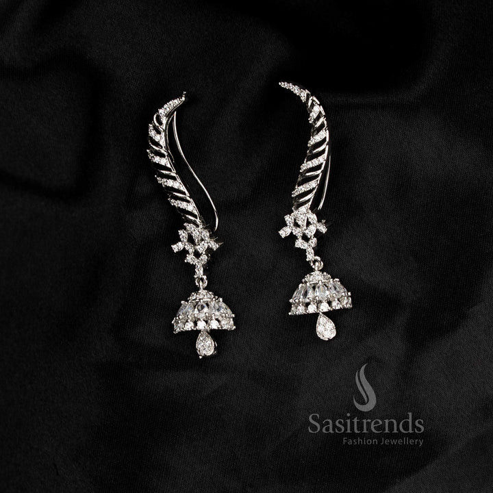 Party wear American diamond rhodium silver plated white linear motif earcuff earrings - Sasitrends