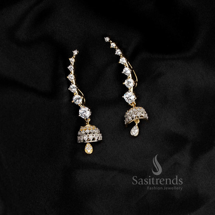 Party wear American diamond gangajamuna silver plated white linear motif earcuff earrings - Sasitrends